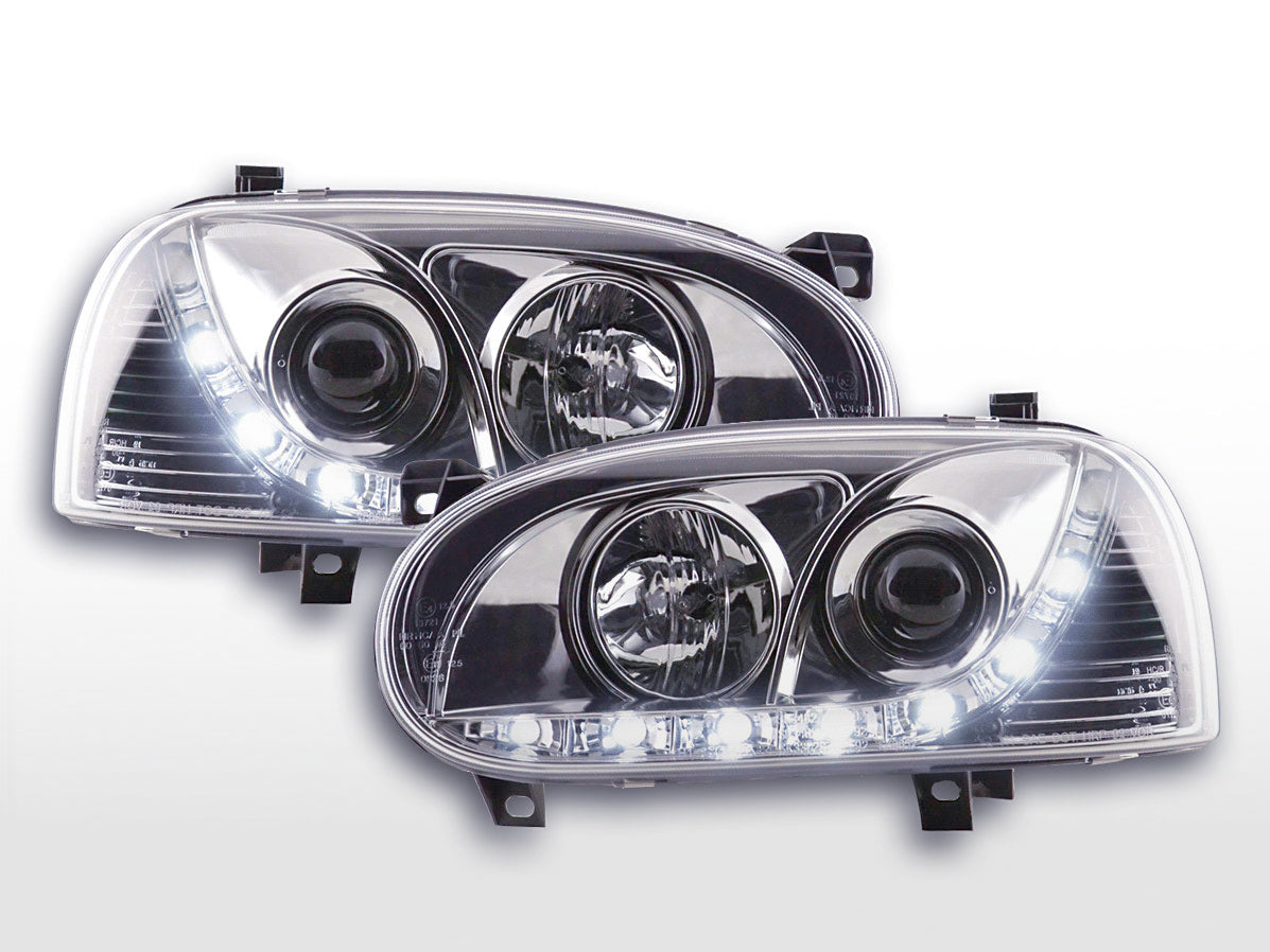 Scheinwerfer Set Daylight LED Tagfahrlicht VW Golf 3 91-97 chrom Scheinwerfer Set Daylight LED Tagfahrlicht VW Golf 3 91-97 chrom